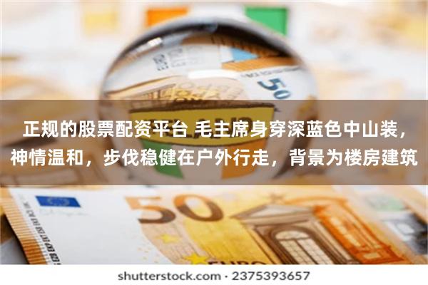 正规的股票配资平台 毛主席身穿深蓝色中山装，神情温和，步伐稳健在户外行走，背景为楼房建筑